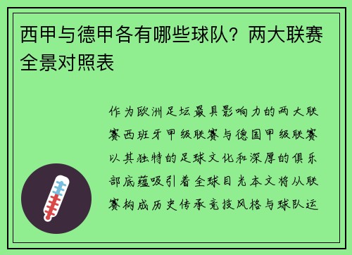 西甲与德甲各有哪些球队？两大联赛全景对照表